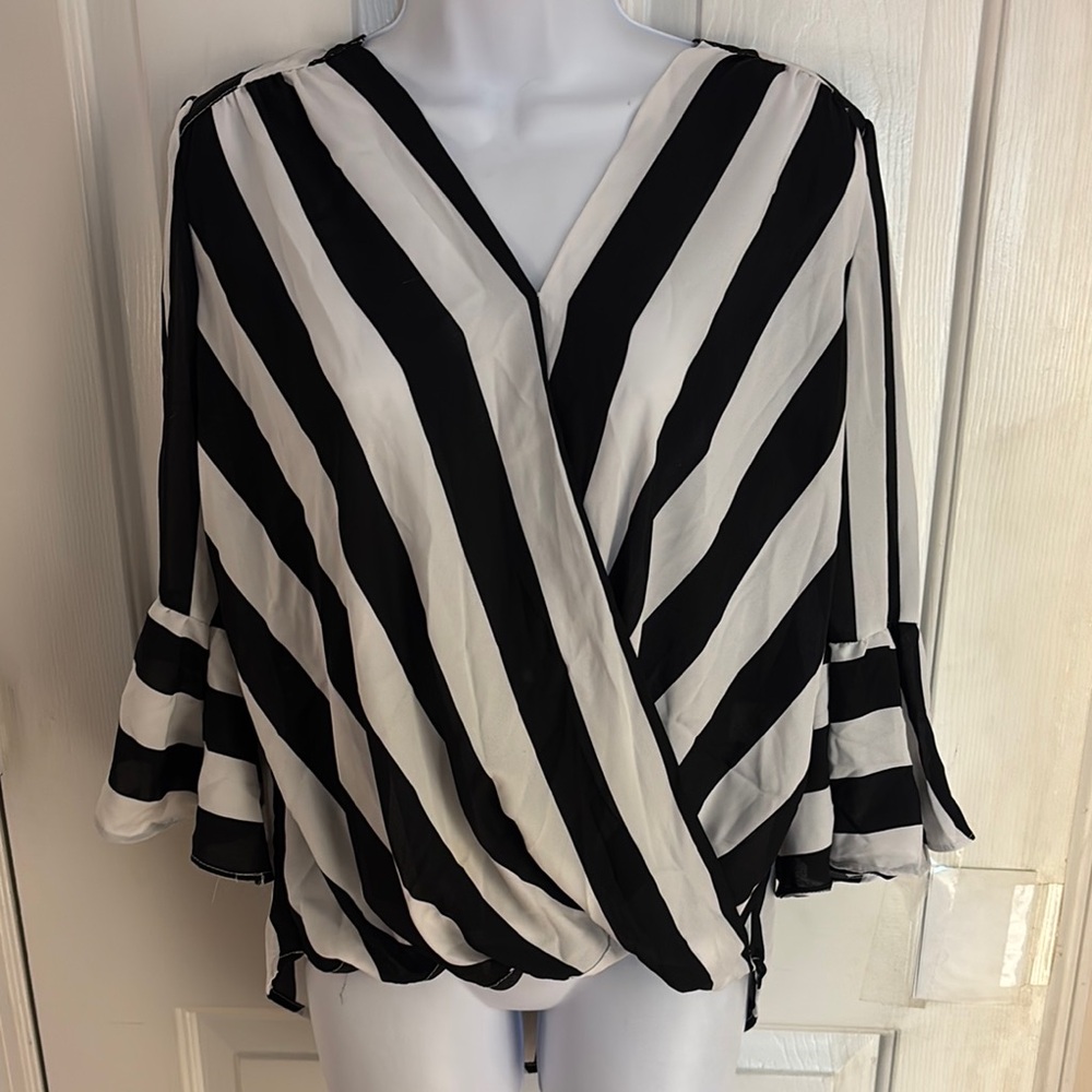 Black and White Bell Sleeve faux Wrap Blouse
